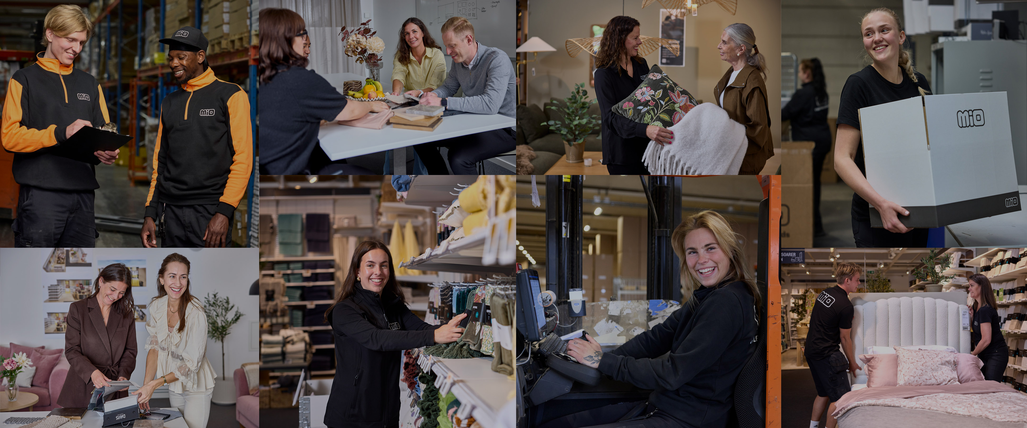 Ett kollage av bilder på Mios personal på lager, huvudkontor och butik.