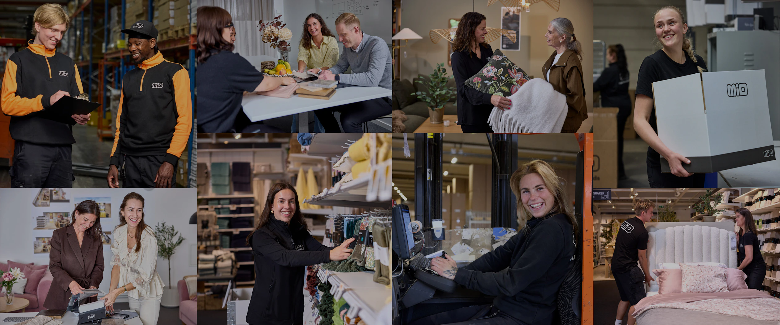 Ett kollage av bilder på Mios personal på lager, huvudkontor och butik.