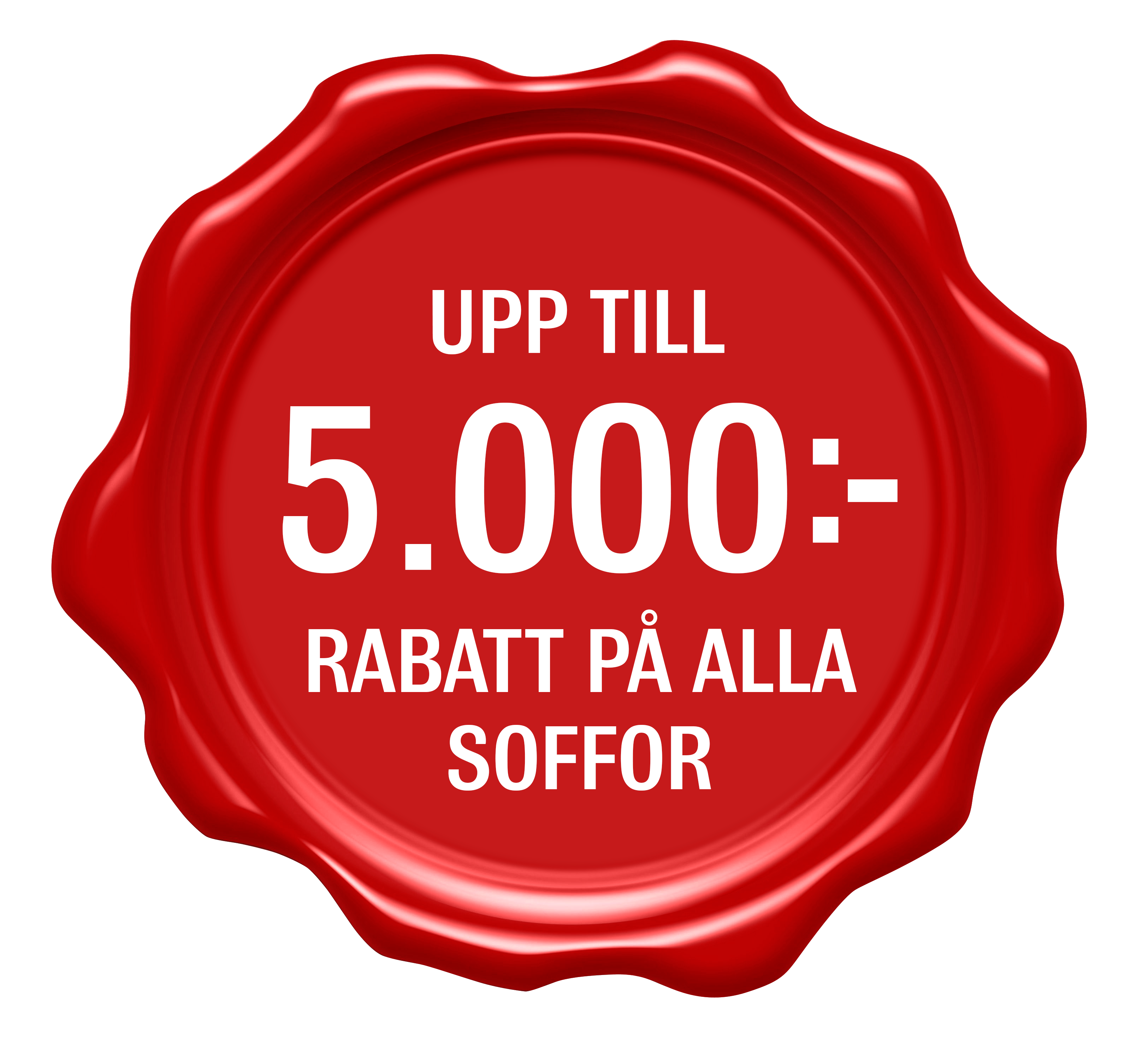 julsigill i rött med texten upp till 5000 kronor rabatt på alla soffor