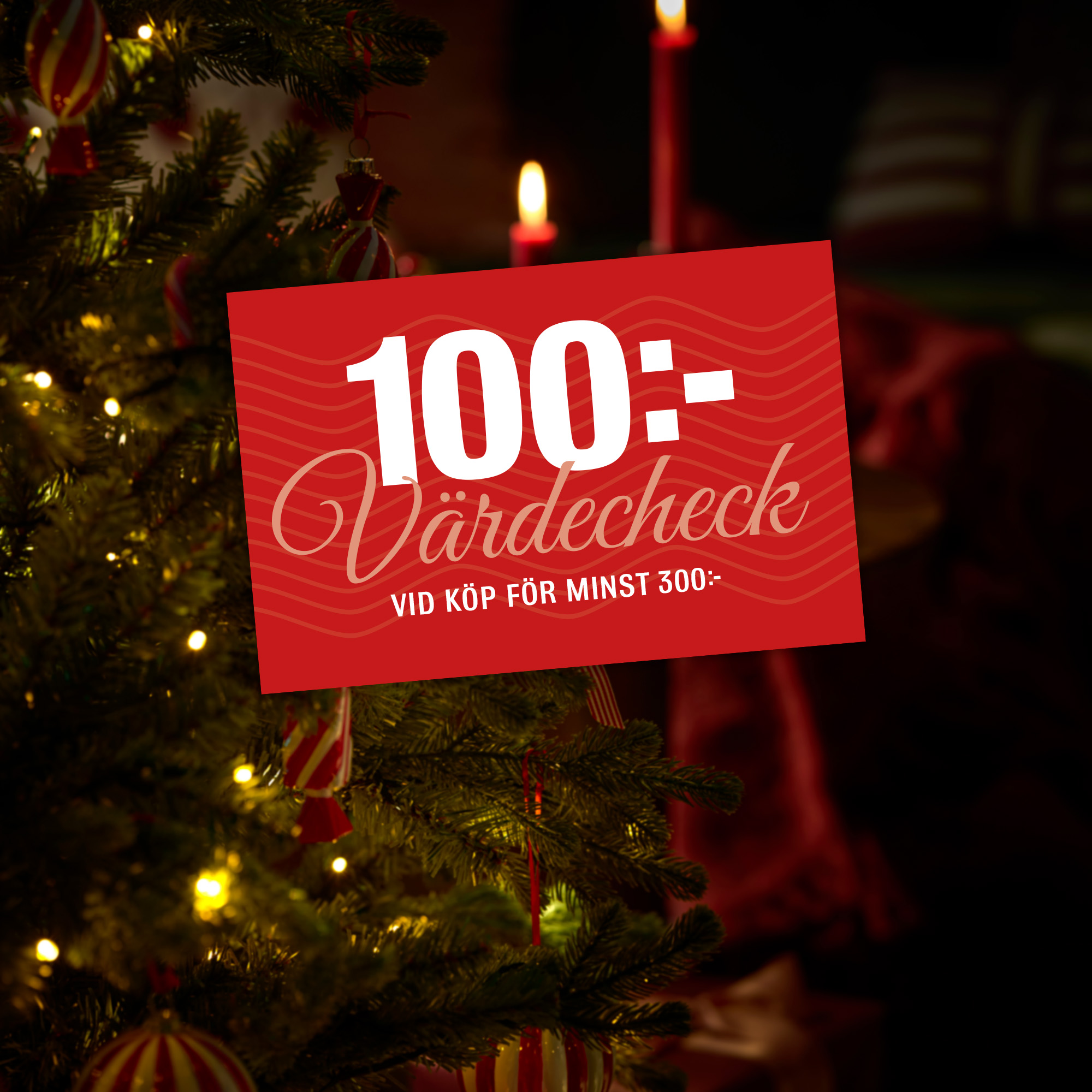 en röd värdecheck framför en julgran