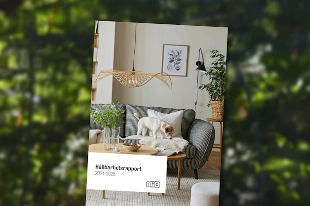 Framsida på broschyr märkt Hållbarhetsrapport på suddig bakgrund i grönt