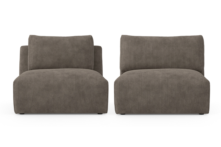 Två bruna Free soffmoduler står bredvid varandra för att visa skillnaden mellan en ryggplymå på 70 cm och en på 90 cm