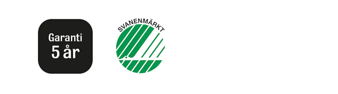En märkning med 5 års garanti och Svanens logotyp.
