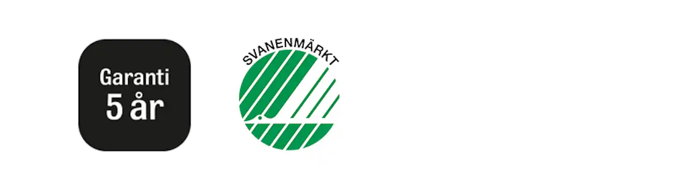 En märkning med 5 års garanti och Svanens logotyp. 