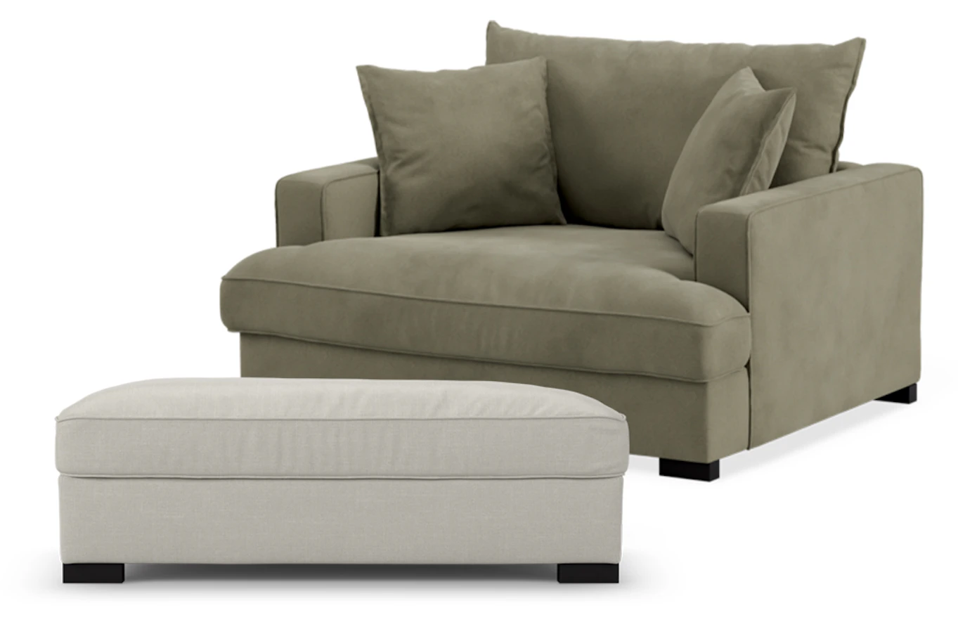 Bild som visar en grön Rossi fåtölj och en beige fotpall