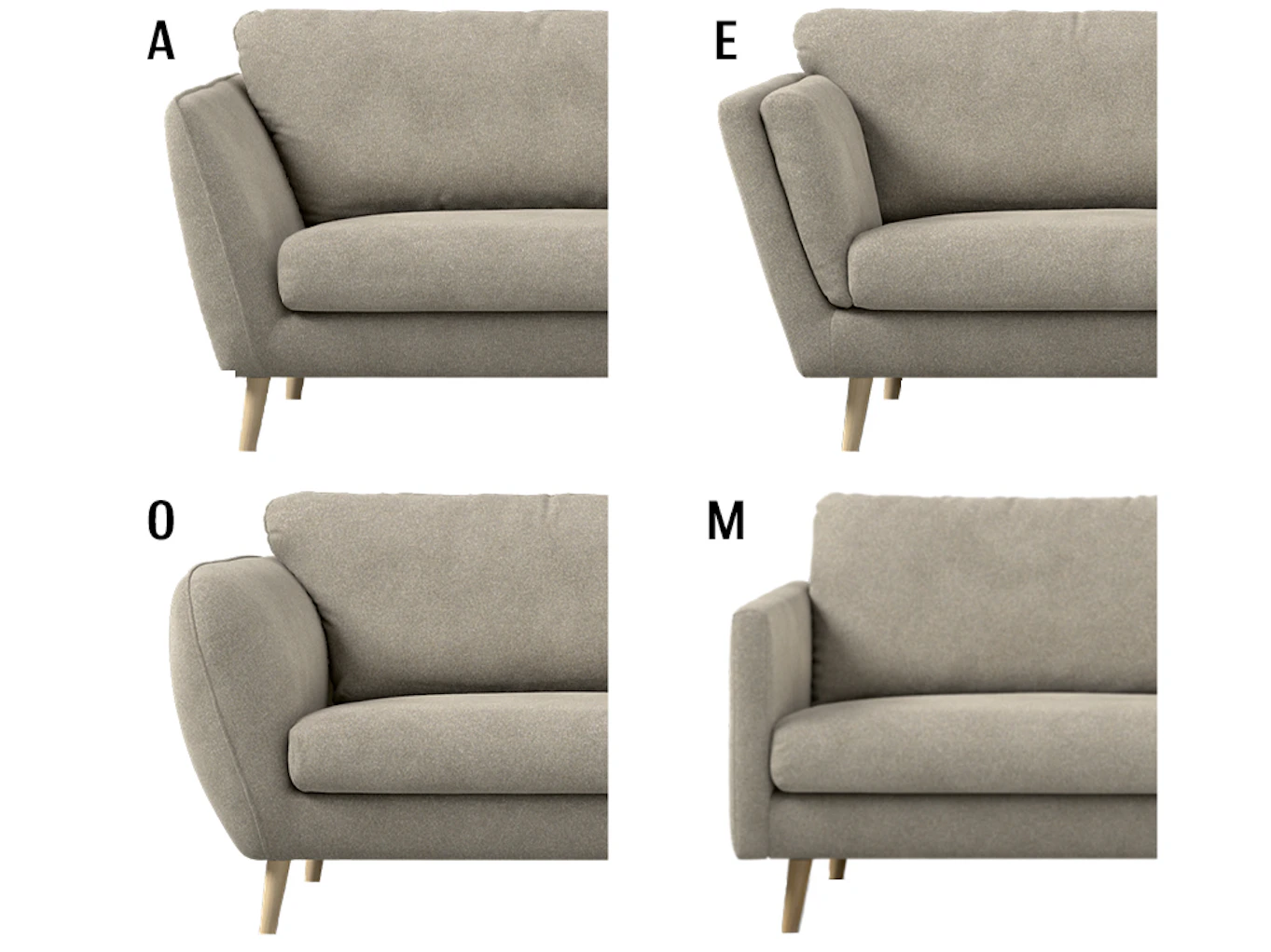 Bild som visar vilka olika armstöd man kan välja till sin Madison soffa