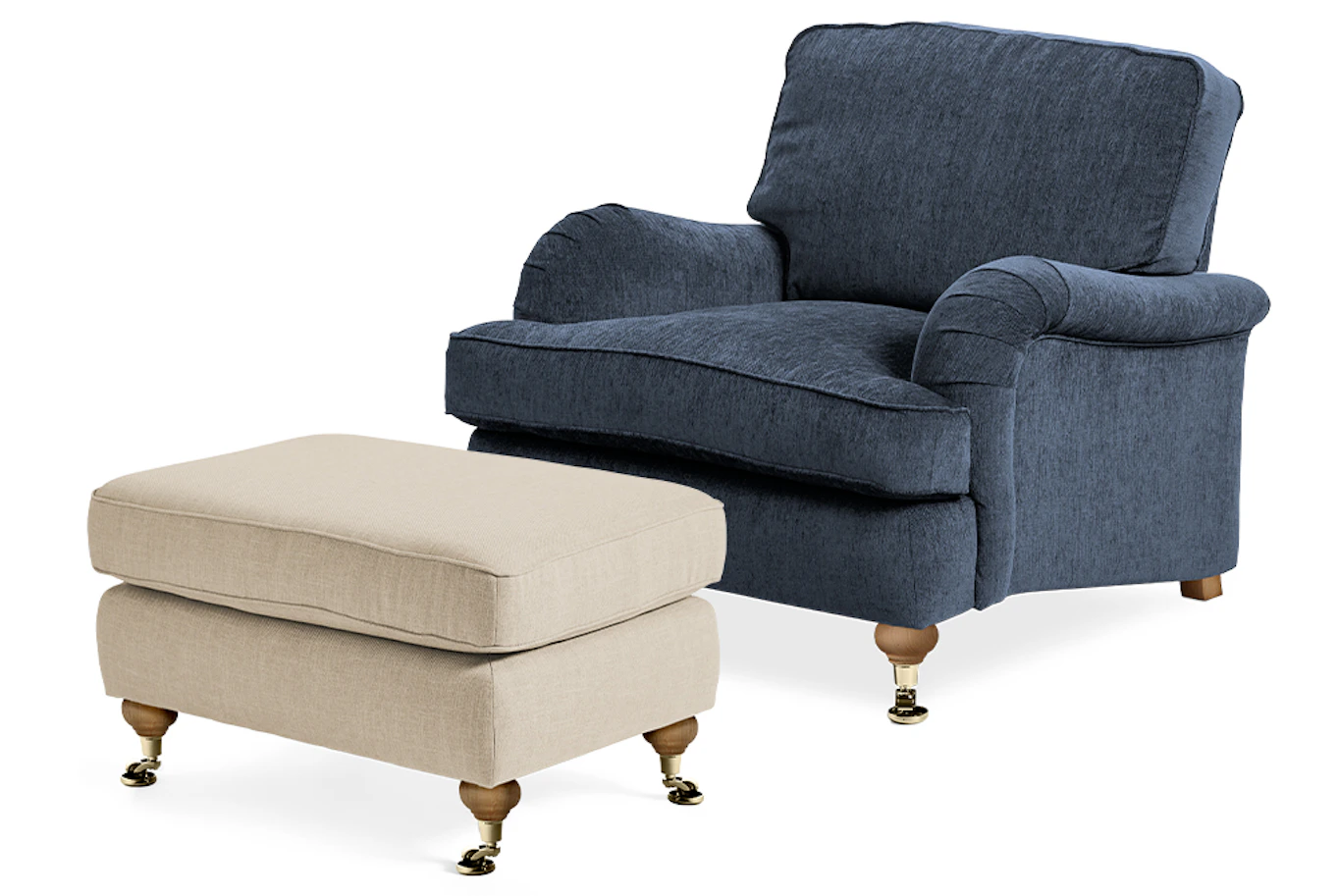 Bild som visar en blå Oxford fåtölj och en beige fotpall
