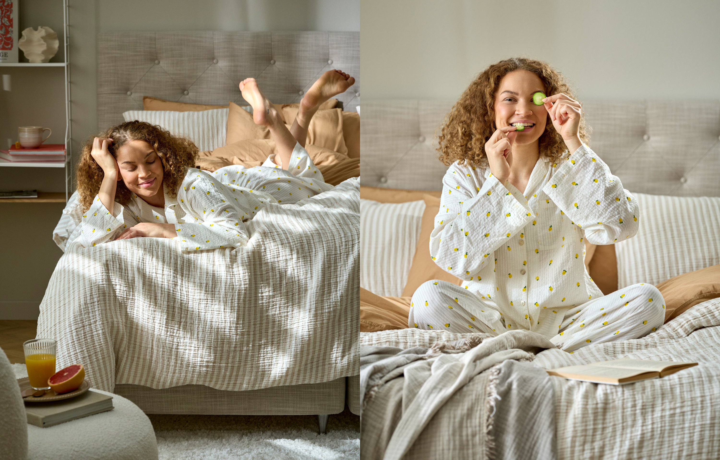 Delad bild där den vänstra bilden visar en kvinna med ljus pyjamas ligger påmage i en säng, den högra bilden visar samma kvinna där hon sitter i sängen med gurkskiva för ena ögat. 