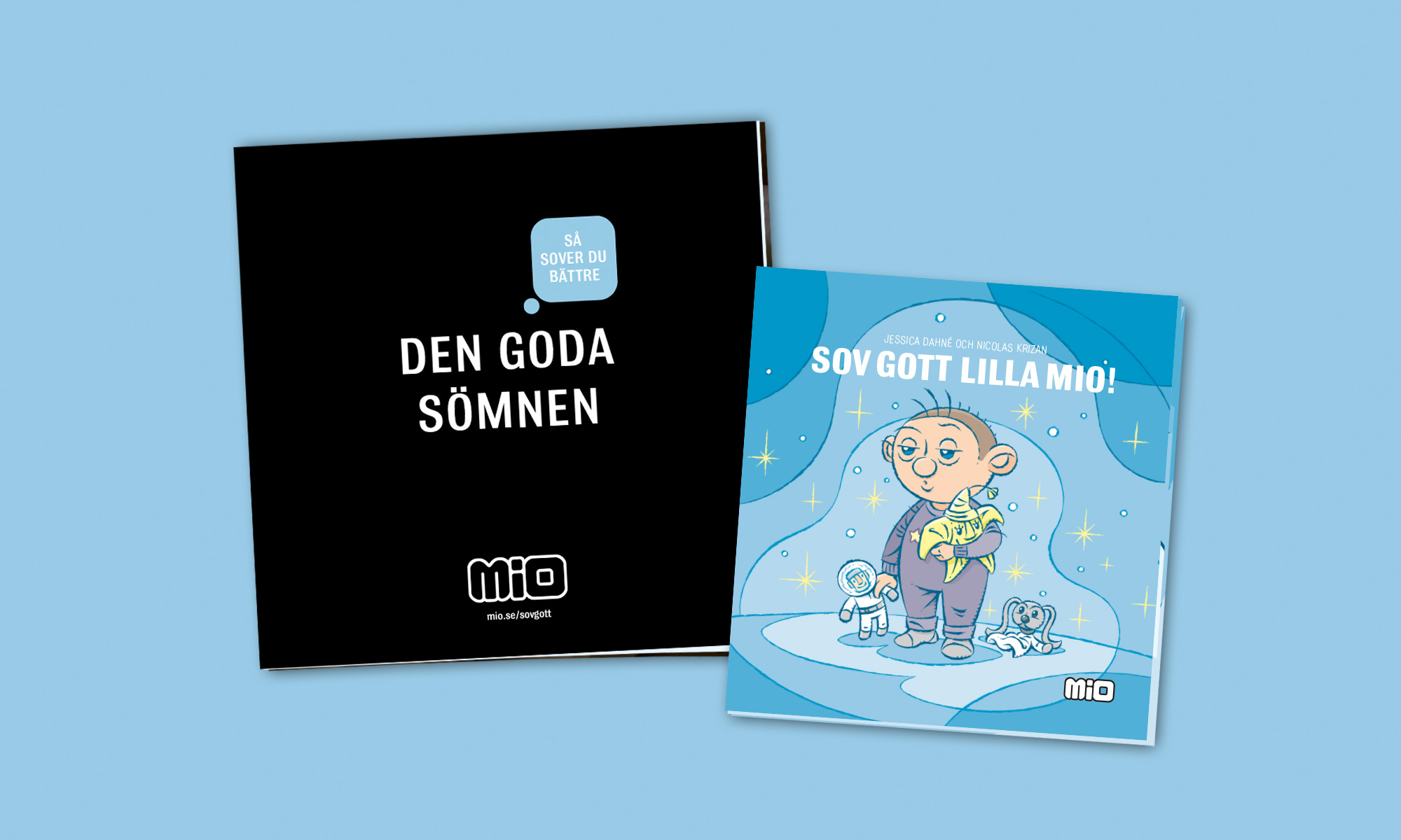 Framsidor på två böcker, "Den goda sömnen" och "Sov gott lilla Mio"
