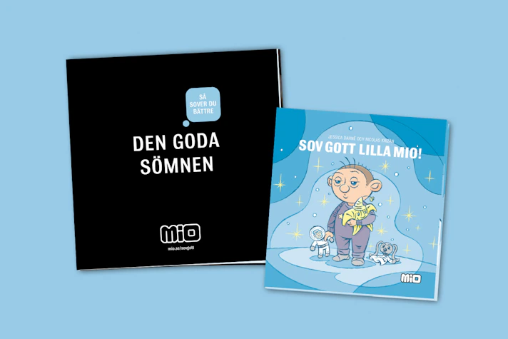 Framsidor på två böcker, "Den goda sömnen" och "Sov gott lilla Mio"
