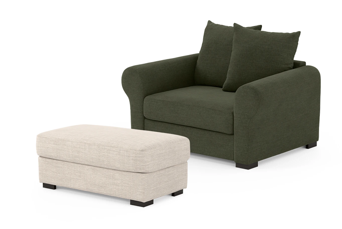 Bild som visar Town fåtölj i grönt tyg och en beige fotpall