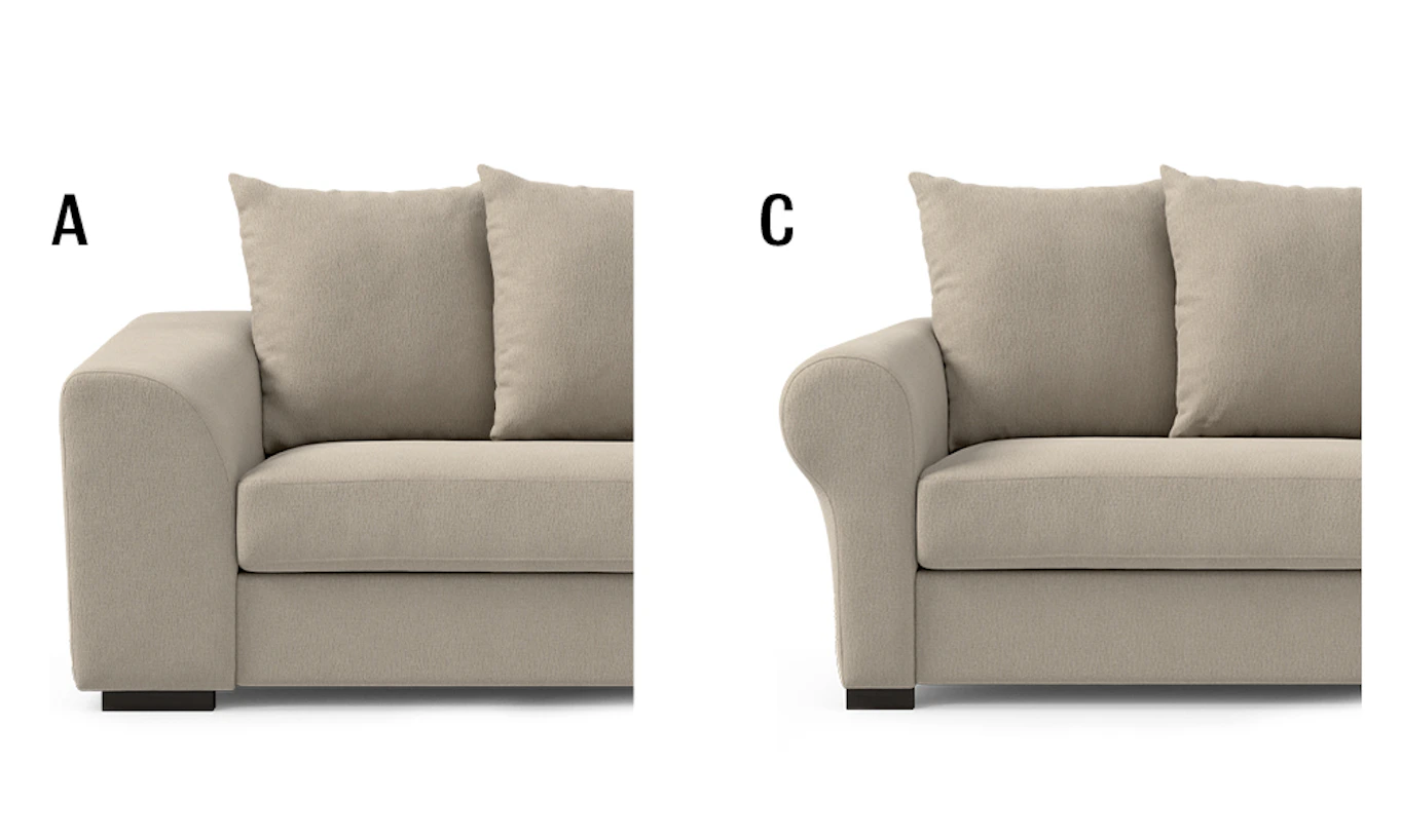 Bild som visar vilka olika armstöd man kan välja till sin Town soffa