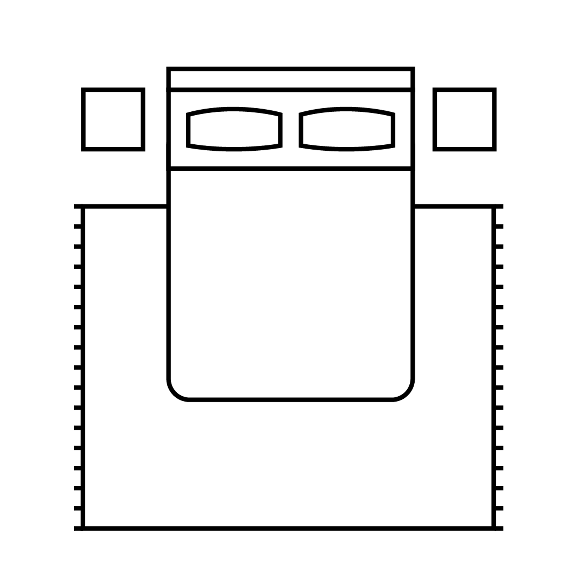 en illustration som visar hur det ser ut när sängen är placerad till största del på mattan.