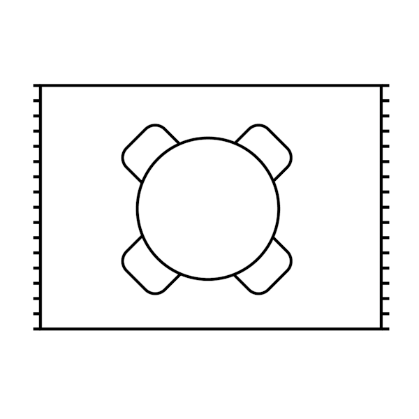 En illustration som visar hur det ser ut med en rund matgrupp placerad på en rektangulär matta