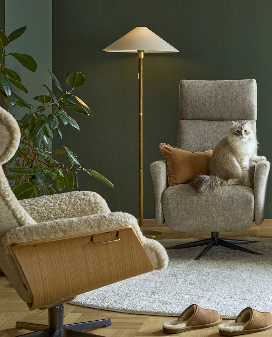 I ett grönt rum står tre fåtöljer, i den beiga fåtöljen i mitten sitter en katt