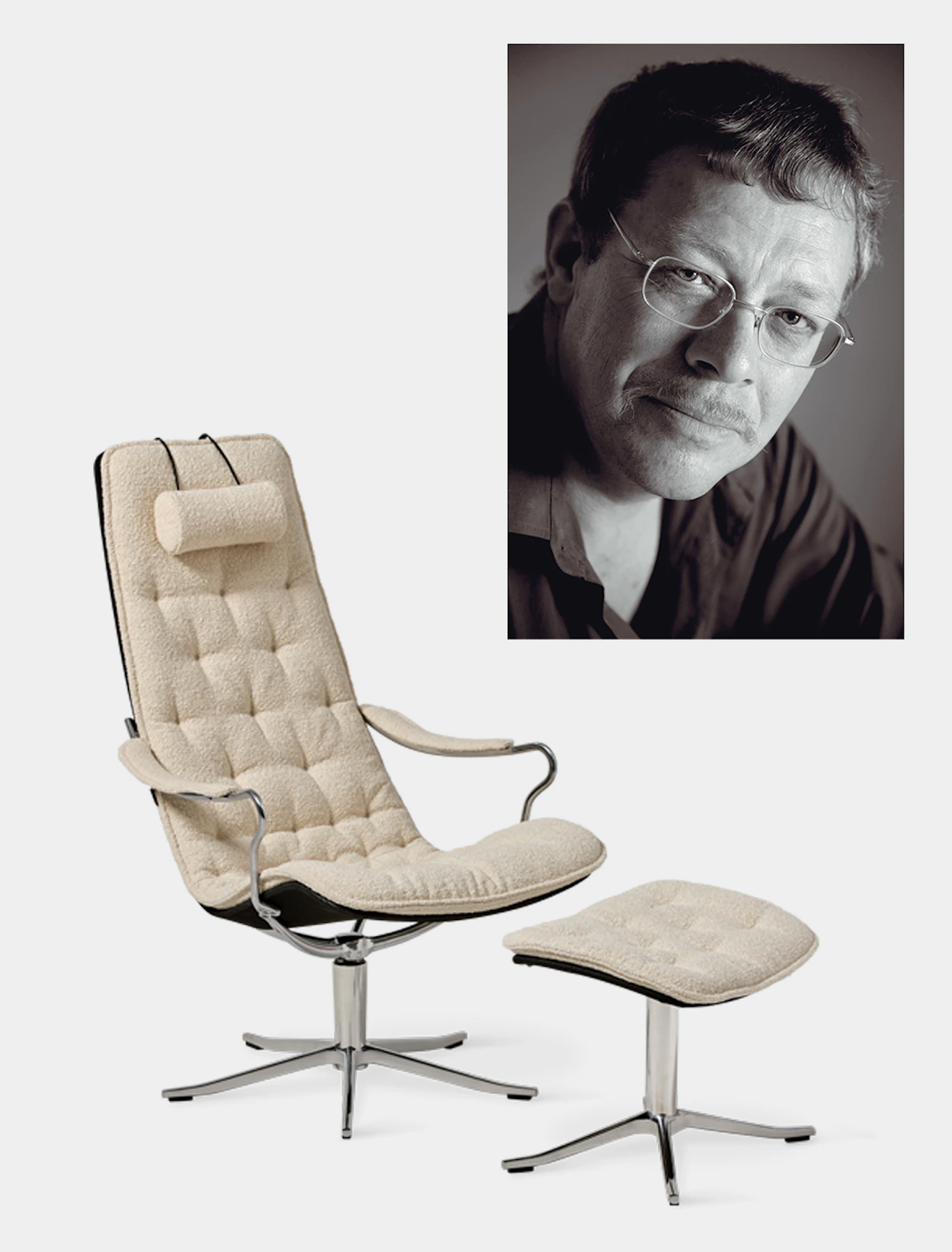 Svartvit porträttbild på desingern Jan Ekström ihop med frilagd bild på fåtöljen Moore med vitt läderbeklädnad och pikerad rygg som han designat. 