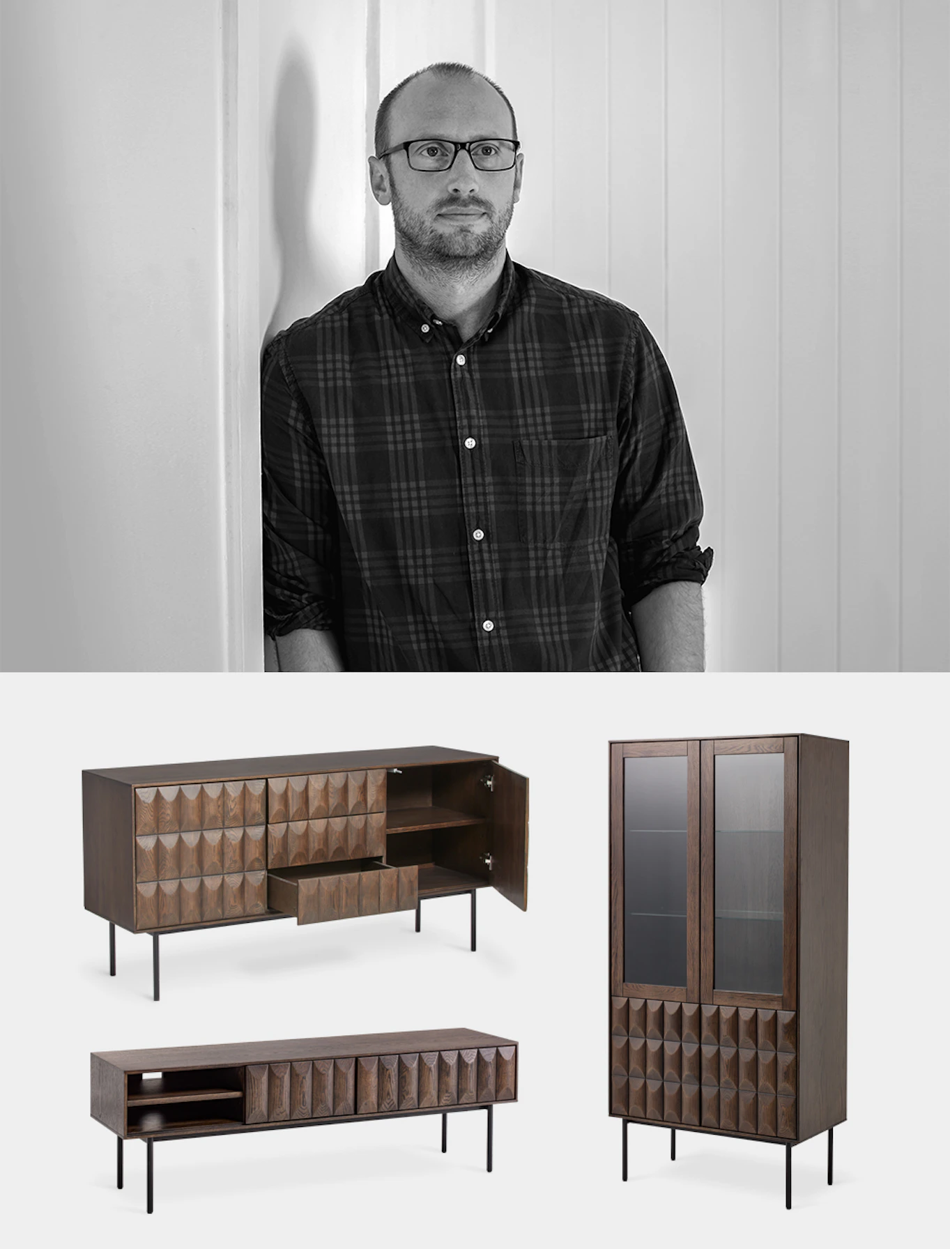 Svartvit bild på designers Andy Boyce samt frilagda bilder på hans möbler Brick, sidobord, avlastningsbord och vitrinskåp i mörkbrun bets och brickformat mönster. 