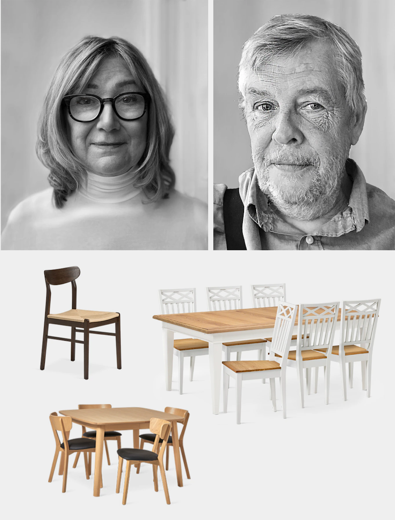 Porträttbilder på designerduon Katrin Kahl och Ebbe Bratt tillsammans med frilagda bilder på deras stol Ida samt borden Wilmaoch Vilgot.