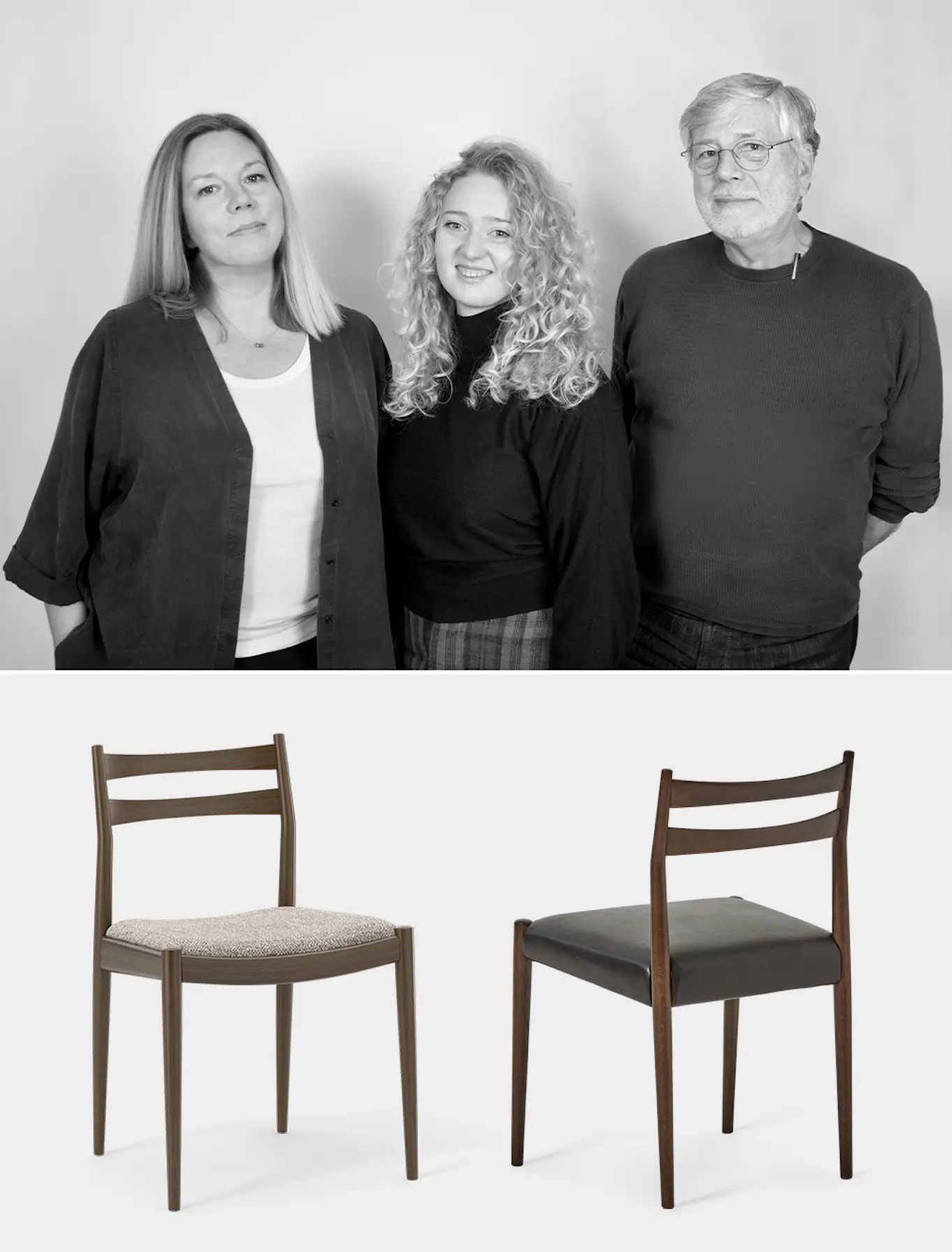 Svartvit bild på designergruppen Gehl design som består av Stine Gehl, Anne Møller Jensen samt Ebbe Gehl tilllsammans med frilagda bilder på deras designade stol Ines med tygklädd stis och två höga ryggribbor.