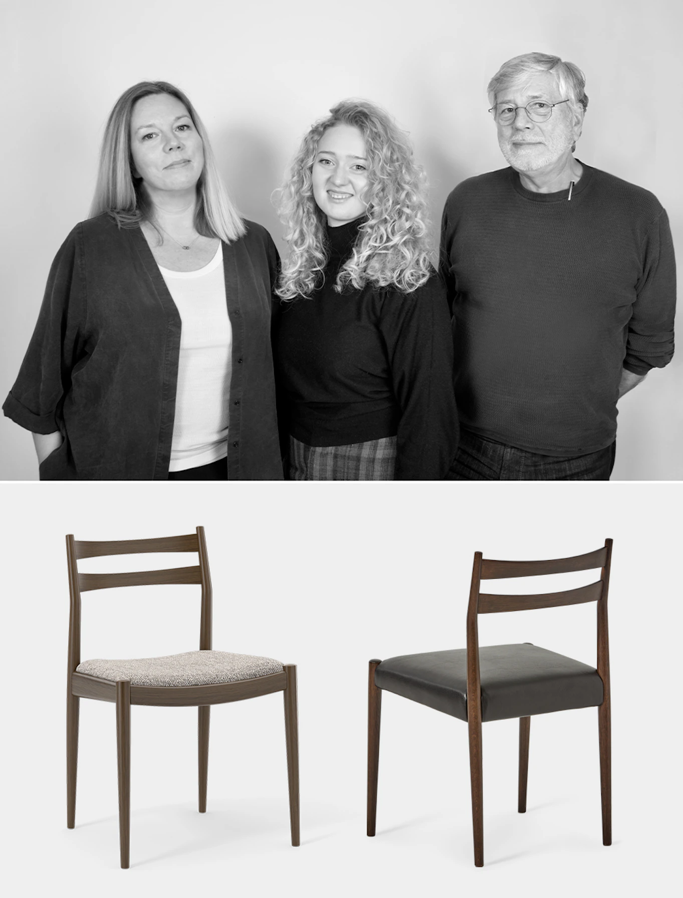 Svartvit bild på designergruppen Gehl design som består av Stine Gehl, Anne Møller Jensen samt Ebbe Gehl tilllsammans med frilagda bilder på deras designade stol Ines med tygklädd stis och två höga ryggribbor. 