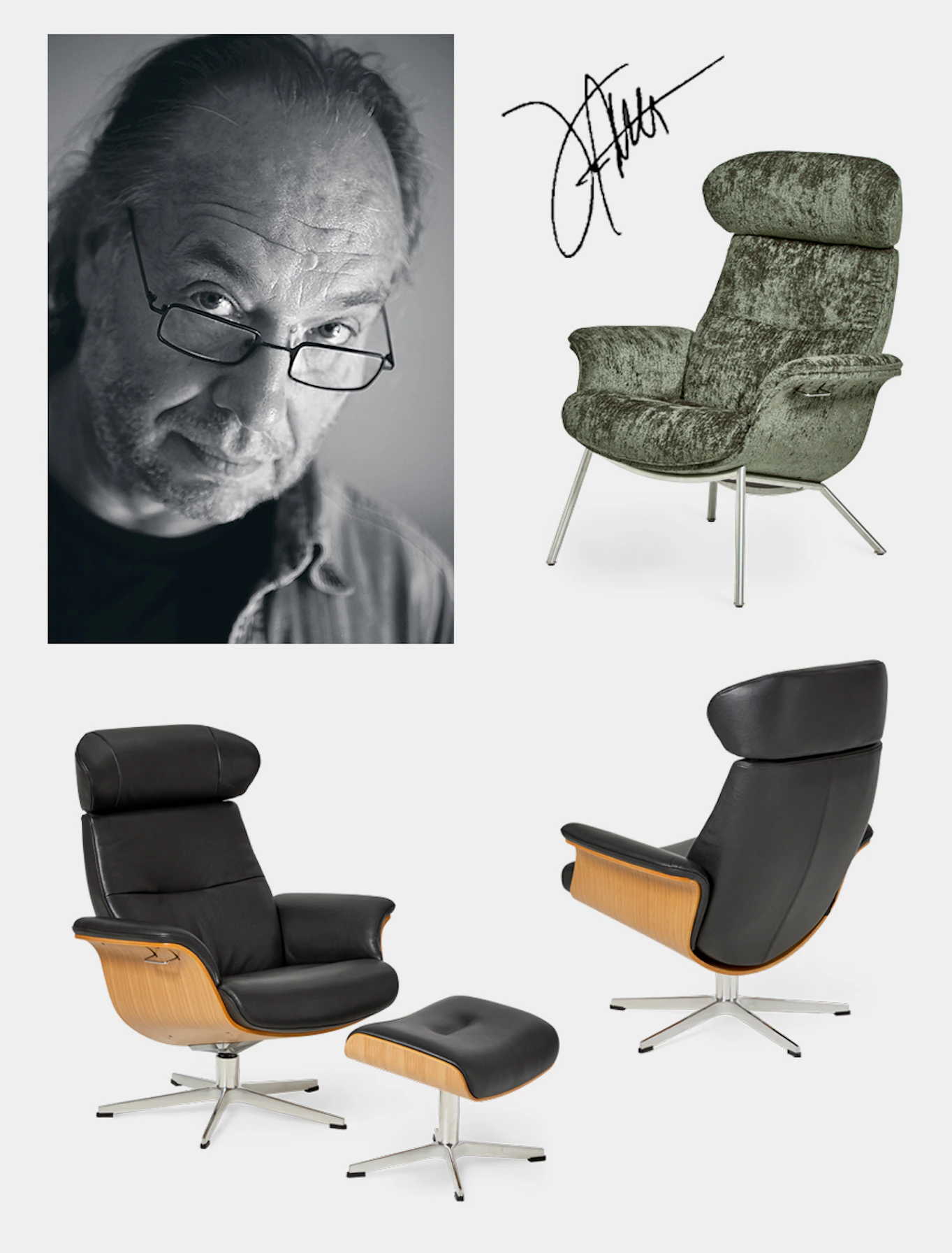 Porträttbild på den norske möbeldesigners Jahn Aamodt samt frilagda bilder på hans fåtölj som heter Timeout och är en lyxig fåtölj med träunderrede och beklädnad av läder. 