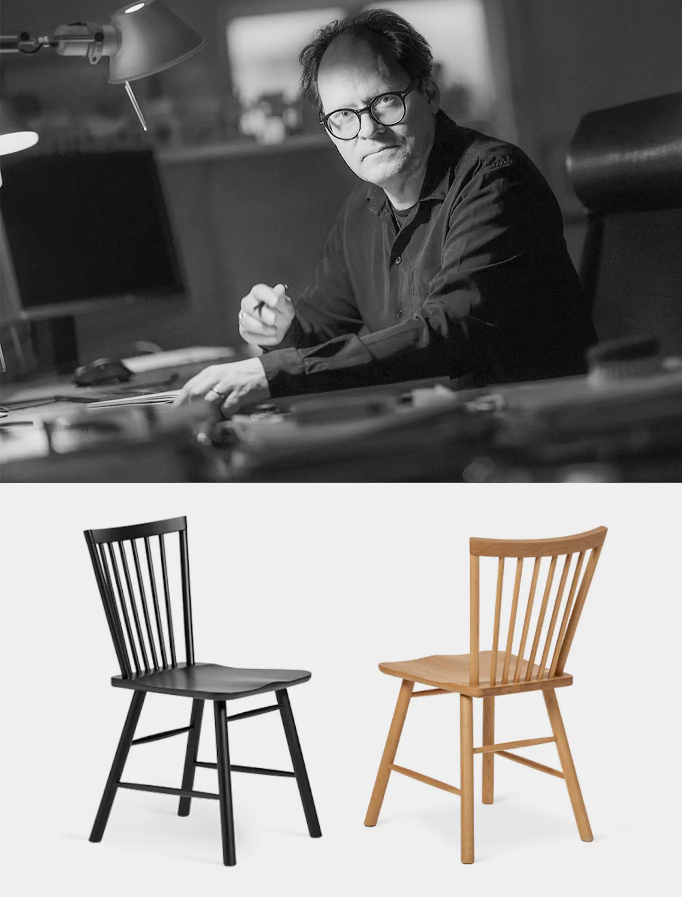 Svartvit bild på designers Jesper Ståhl sittandes med pennan vid ett skrivbord, tillsammans med två frilagda bilder på stolen som Jesper designat som heter Vista.