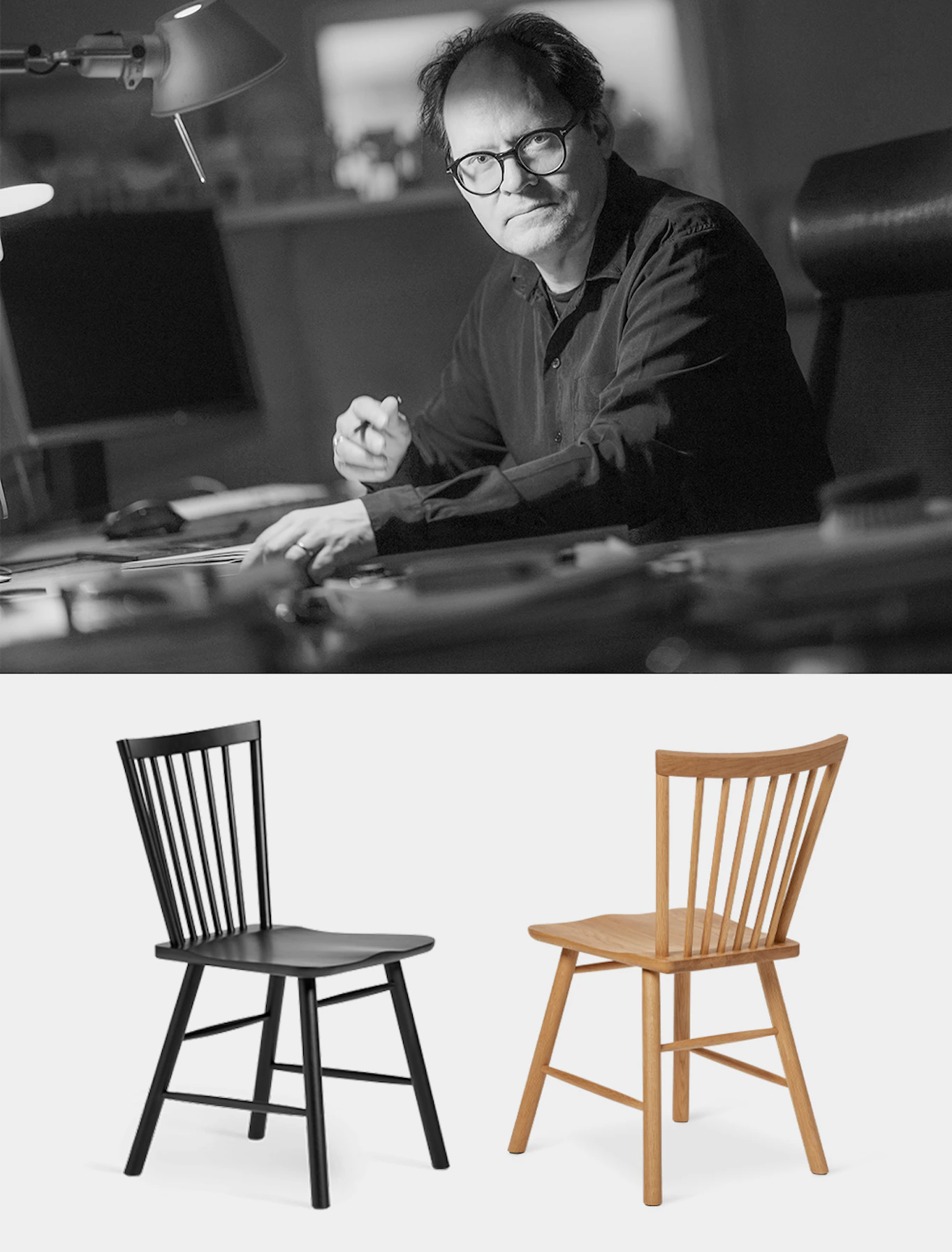 Svartvit bild på designers Jesper Ståhl sittandes med pennan vid ett skrivbord, tillsammans med två frilagda bilder på stolen som Jesper designat som heter Vista.