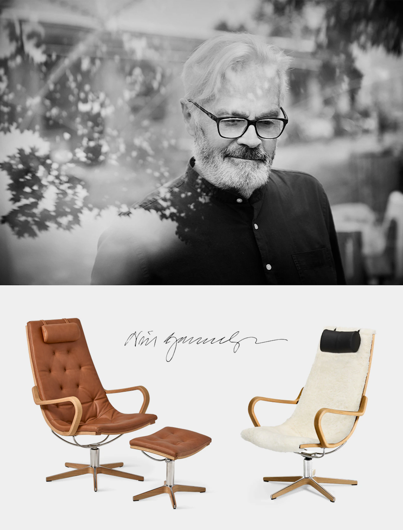 Bild på den danske designer Niels Gammelgaard med lövverk av träd i förgrunden samt två frilagda bilder på hans designade fåtölj som heter Life.
