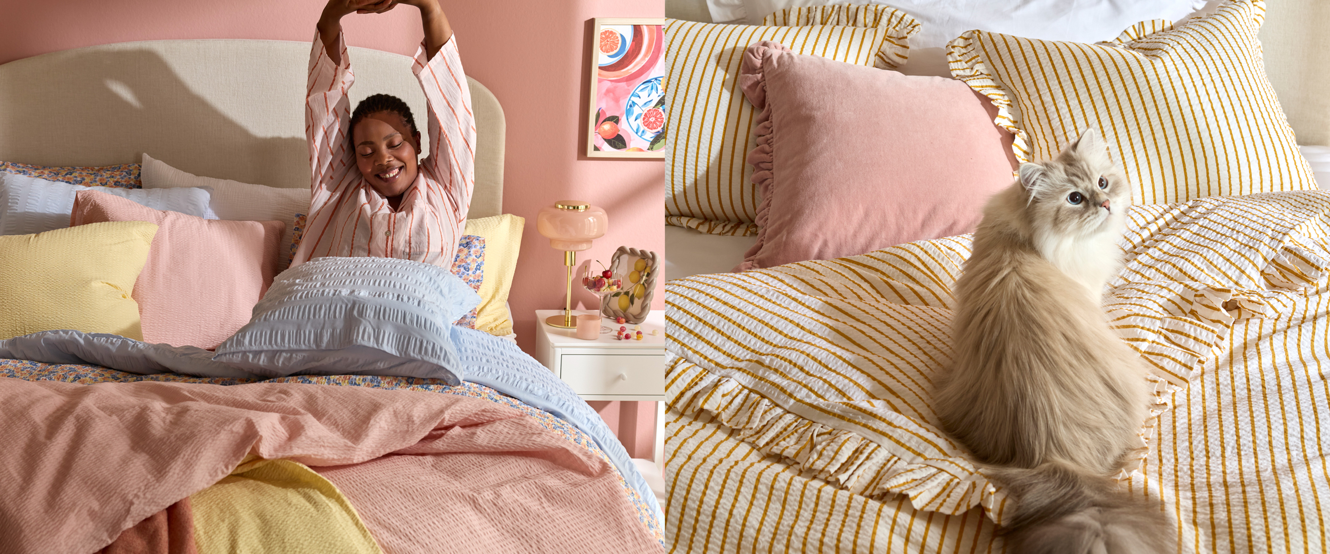 Två bilder där den ena visar en kvinna som sträcker på sig i en säng med färgglada vårliga sängkläder och den högra är en katt som tittar upp i högra hörnet sittandes på säng av bäckebölja sängkläder. 