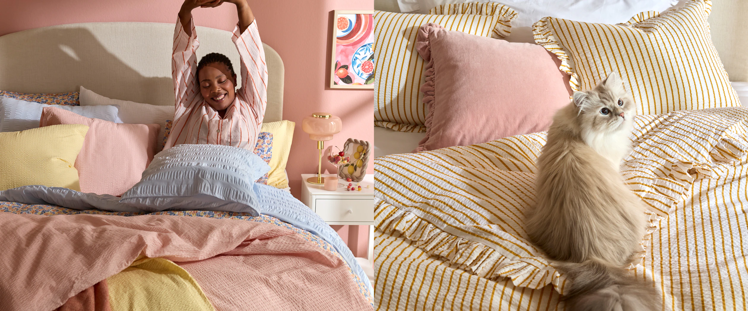 Två bilder där den ena visar en kvinna som sträcker på sig i en säng med färgglada vårliga sängkläder och den högra är en katt som tittar upp i högra hörnet sittandes på säng av bäckebölja sängkläder.