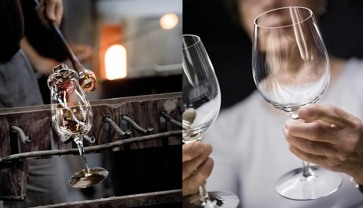 två bilder som visar hur det går till att skapar orrefors-glas