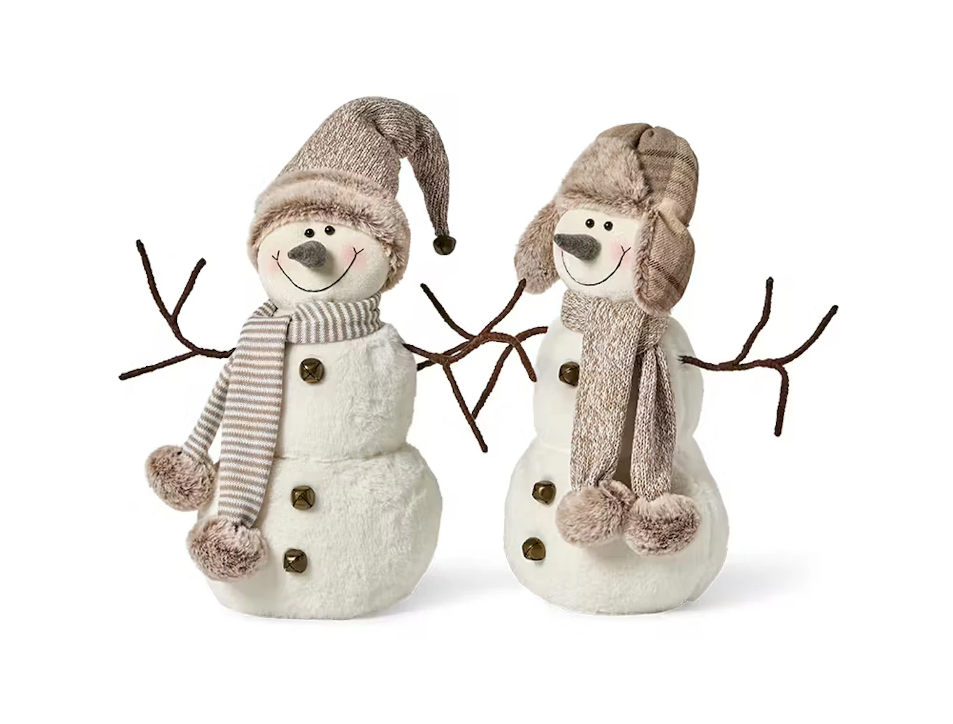 Bild på två dekorationer föreställande snöguubbar med mössa och halsduk