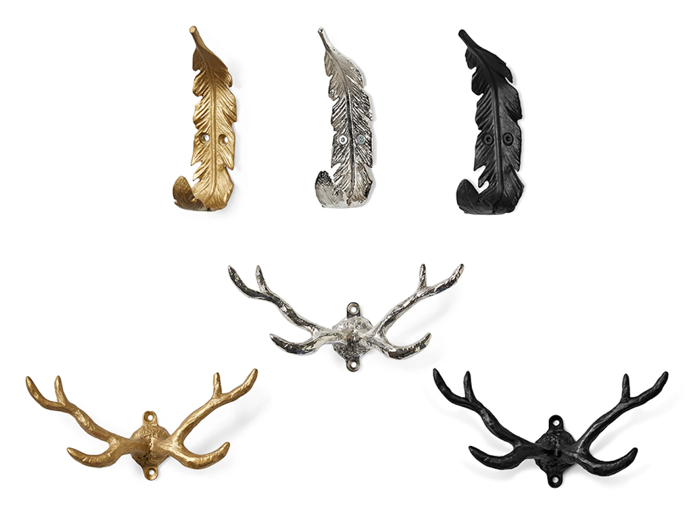 Bild som visar krokar i guld, silver och svart formade som renhorn och fjädrar