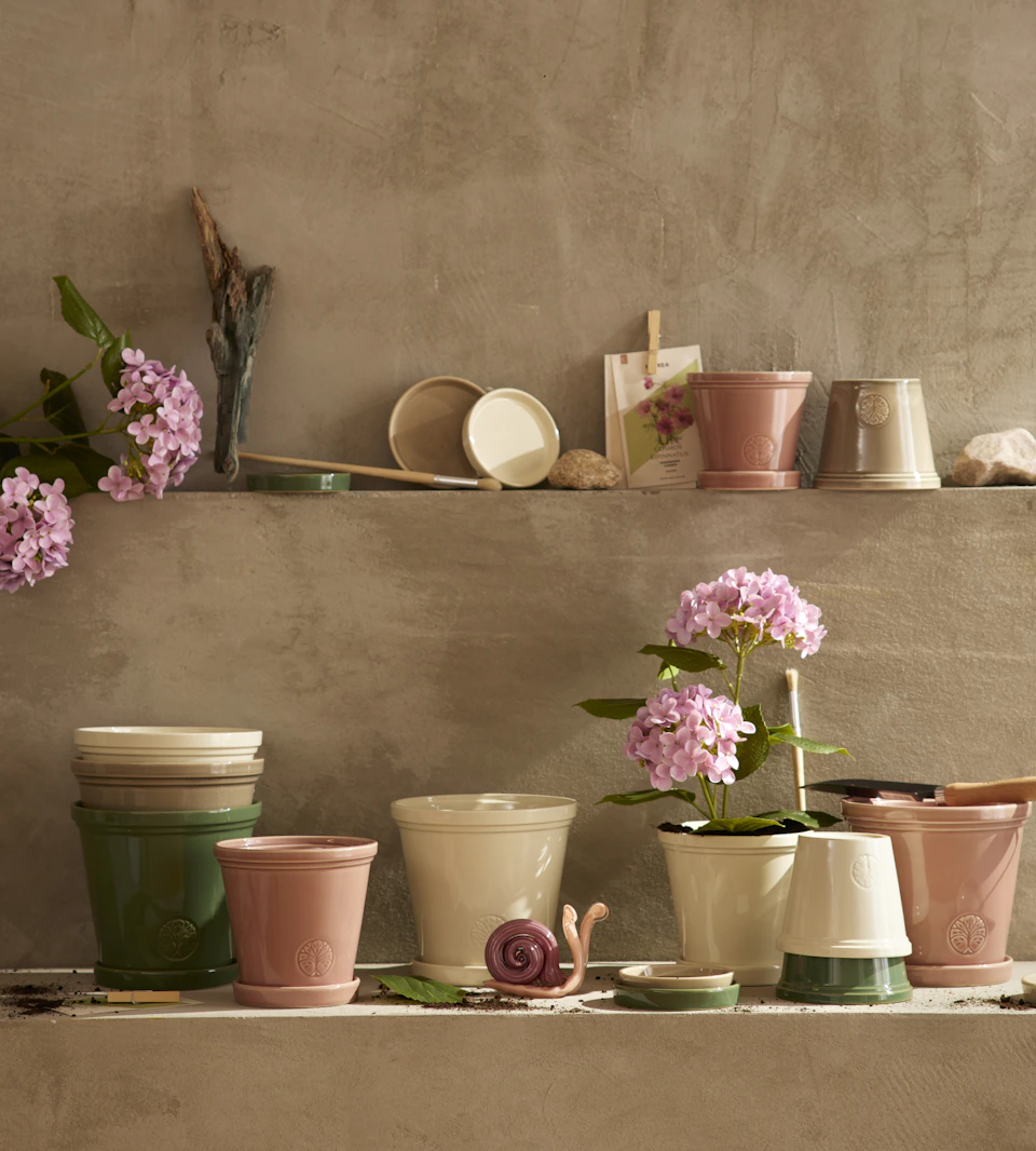 Många cremevita, gammelrosa och gröna krukor i olika storlekar står uppställda framför en putsvägg. I en av krukorna finns en konstgjord rosa hortensia.