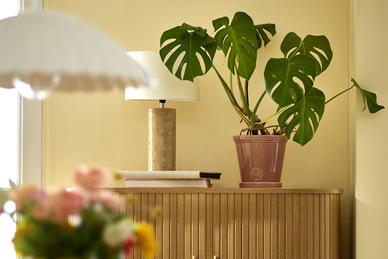 På en skänk står en lampa med vit lampskärm och en gammelrosa kruka med en monstera. I förgrunden skymtas en vas med en bukett.