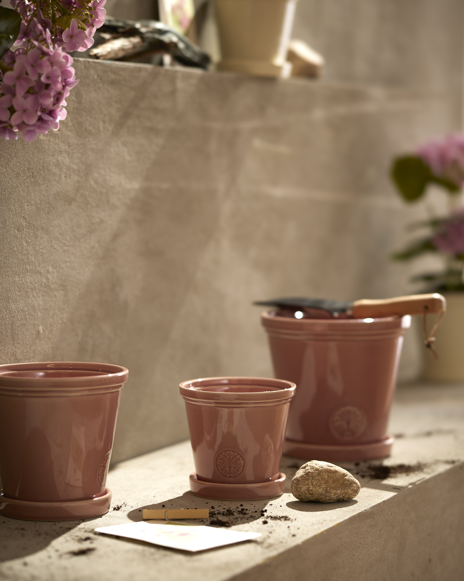 Tre rosa krukor i olika storlekar står framför en beige stenvägg.