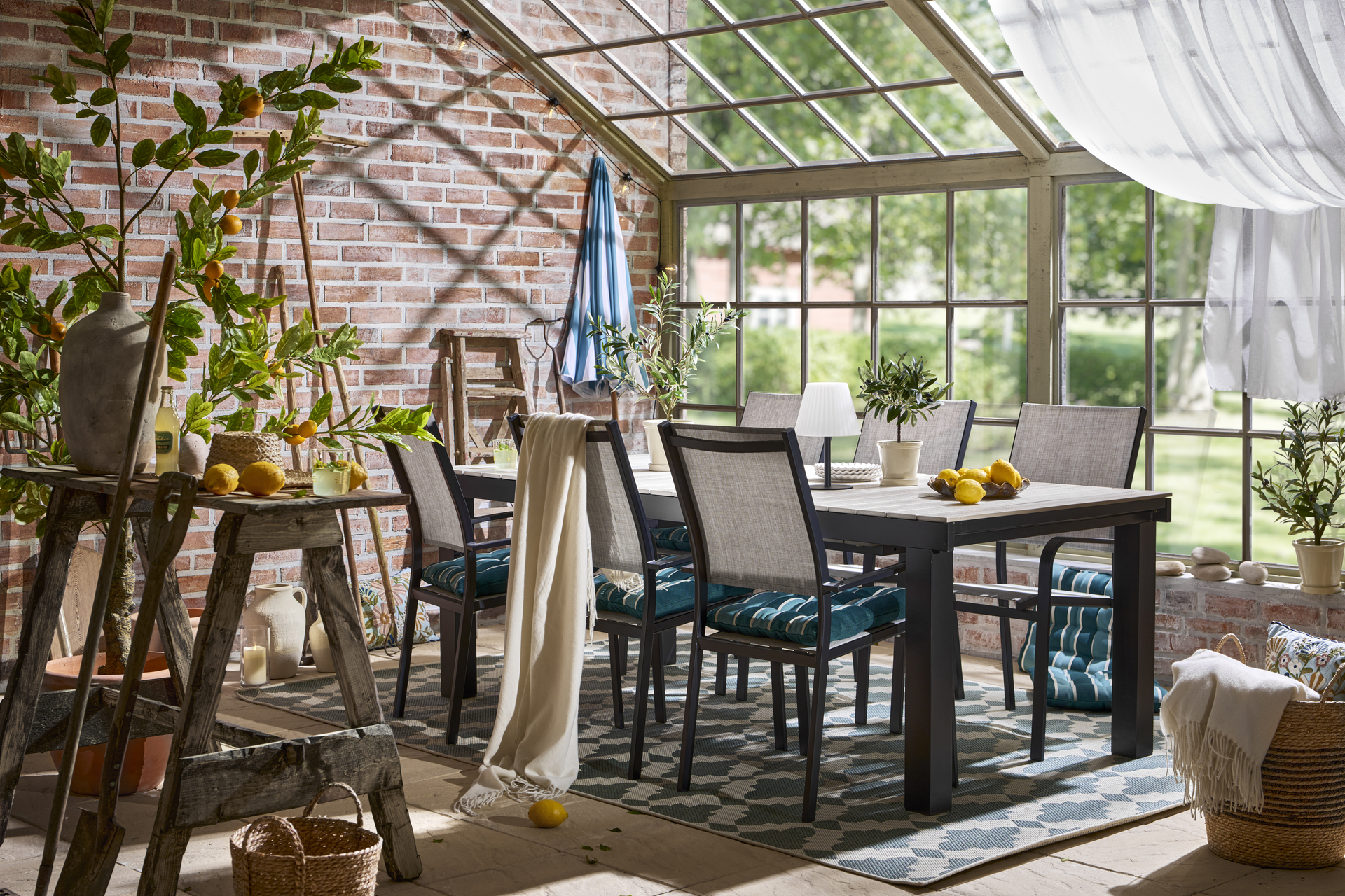 Utematgrupp med bord, sex stolar och blåa dynor står i ett orangeri fullt av växter.