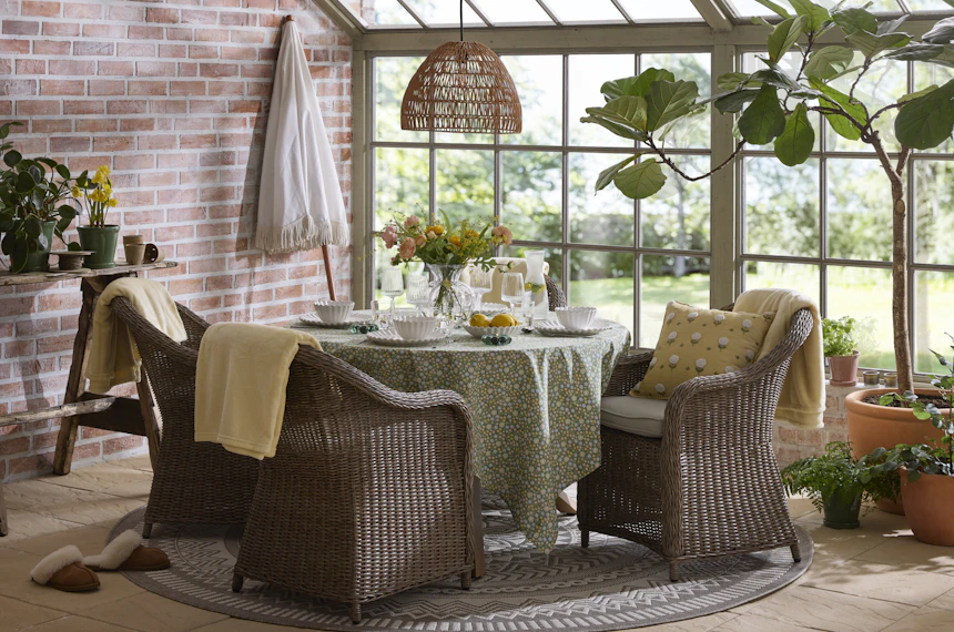 En utesoffgrupp med runt bord och fyra fåtöljer i konstrotting står i ett orangeri fyllt av växter.