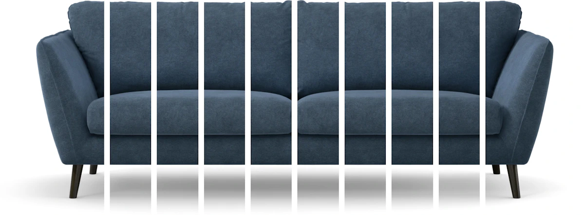 Blå soffa med ränder som symboliserar uppdelad soffa i tio bitar. 