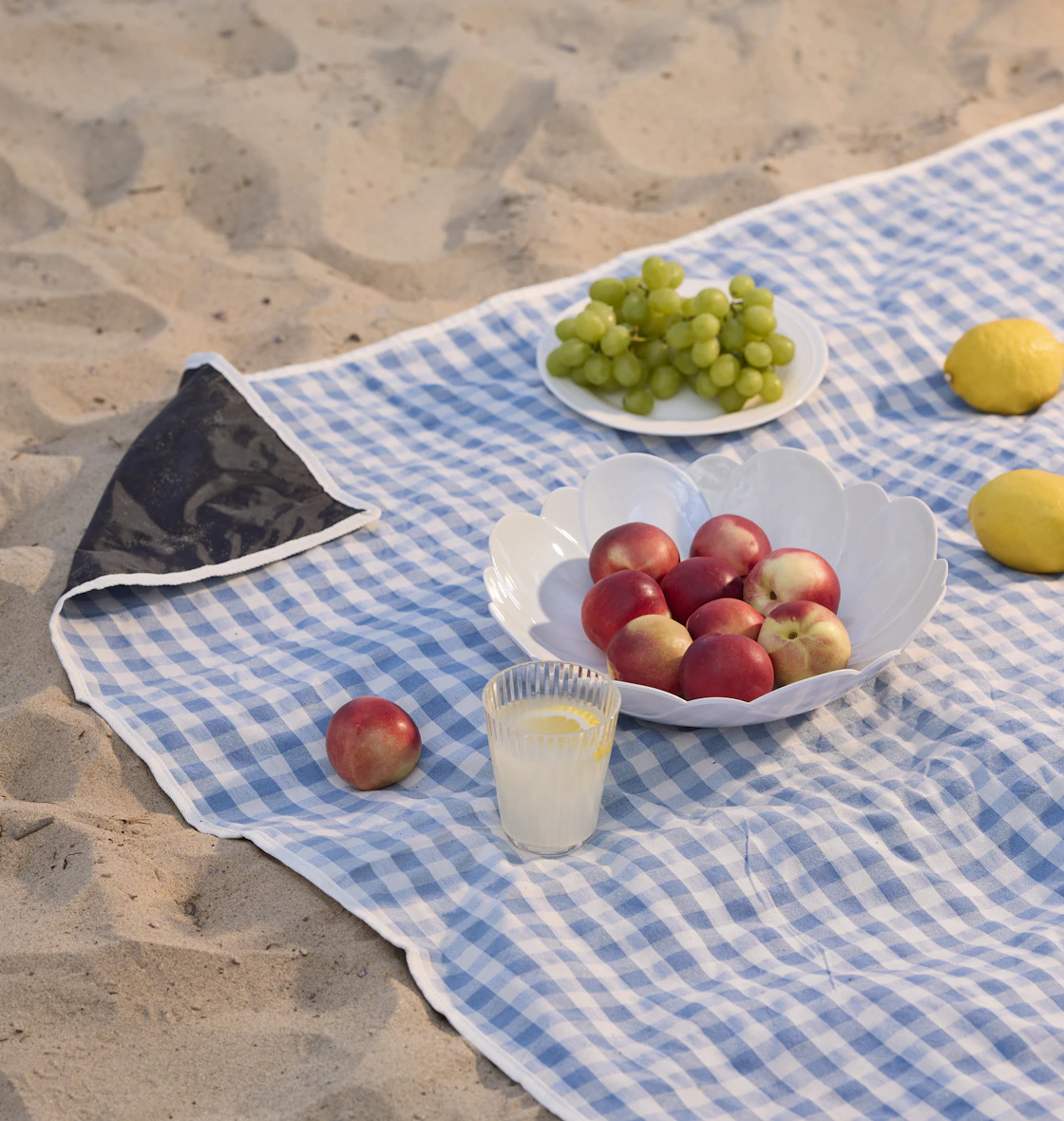 en rutig filt med skålar med frukt ligger på en strand