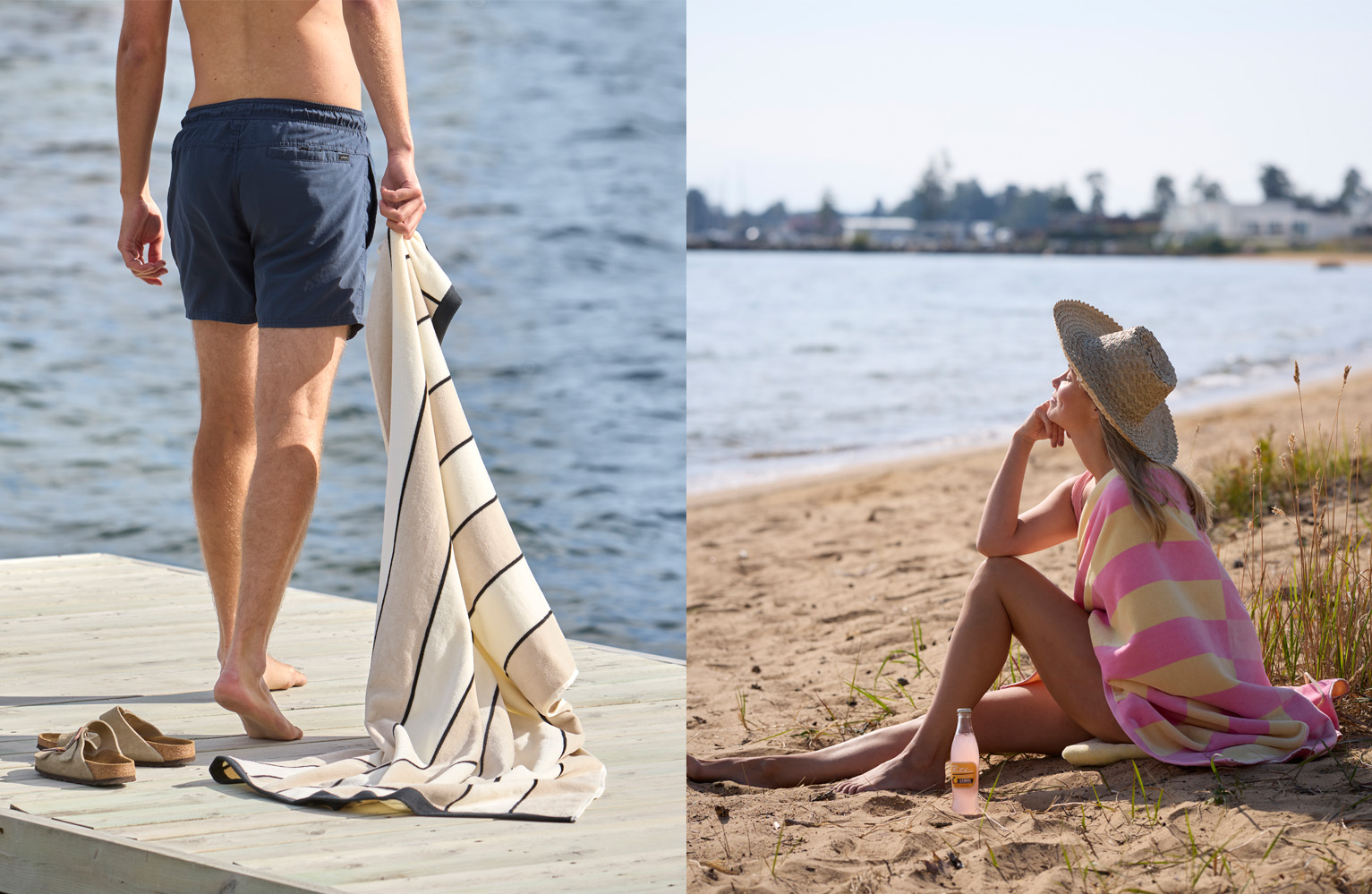 Delad bild med ena halvan underkroppen av en man med blå badbyxor på brygga med ett randigt badlakan i ena handen, den andra delen av bilden en kvinna som sitter på sandstranden med ett randigt badlakan i rosa och gula färger över axlarna. 
