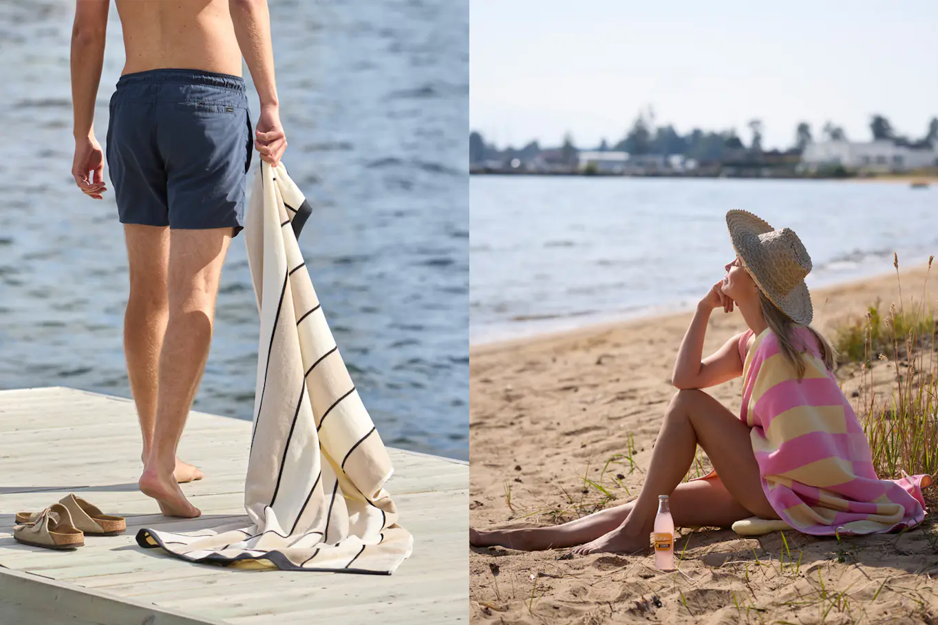 Delad bild med ena halvan underkroppen av en man med blå badbyxor på brygga med ett randigt badlakan i ena handen, den andra delen av bilden en kvinna som sitter på sandstranden med ett randigt badlakan i rosa och gula färger över axlarna.
