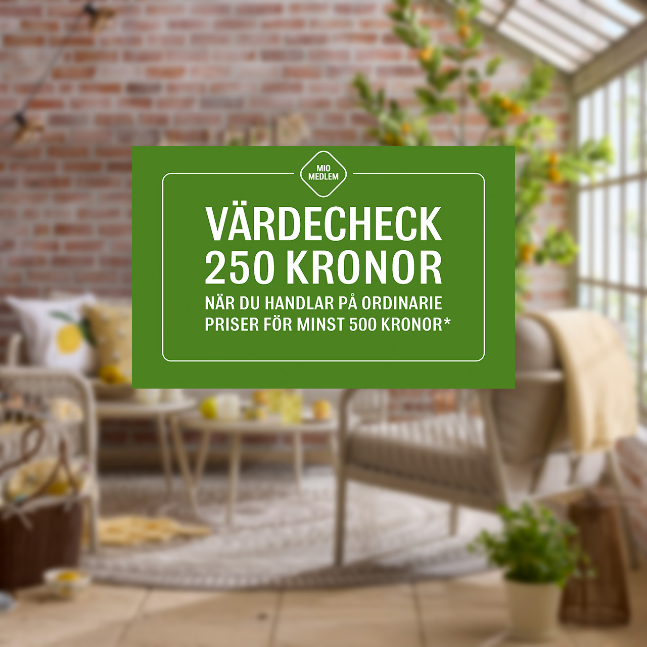 En bild som visar en grön värdecheck där kunden får 250 kronor när den handlar för 500.