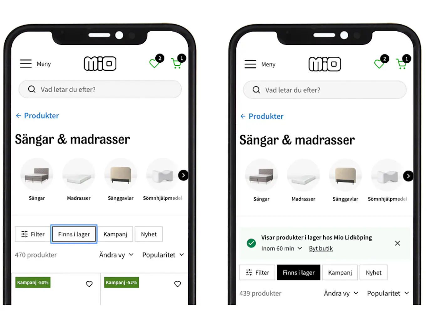 Bild på två smartphones intill varandra som visar skärmbilder från produktlistningar från mio.se.