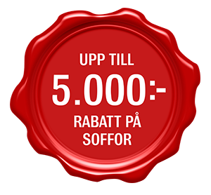 Rött sigill med texten Upp till 5.000 kronor rabatt på soffor.