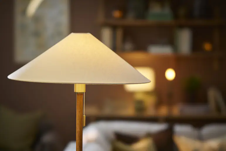 En golvlampa av trä med en vit lampskärm står i en mörk vardagsrumsmiljö.