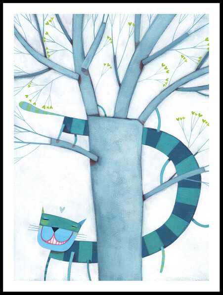Blå Katt och Träd - Poster - Vit