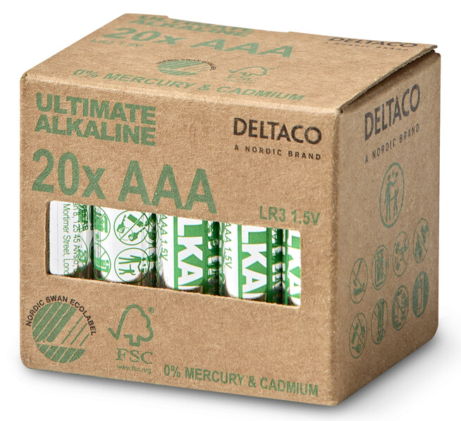 Deltaco Ultimate Alkaline - Batteri, AAA/LR03, 1,5V, 20-pack - Grå