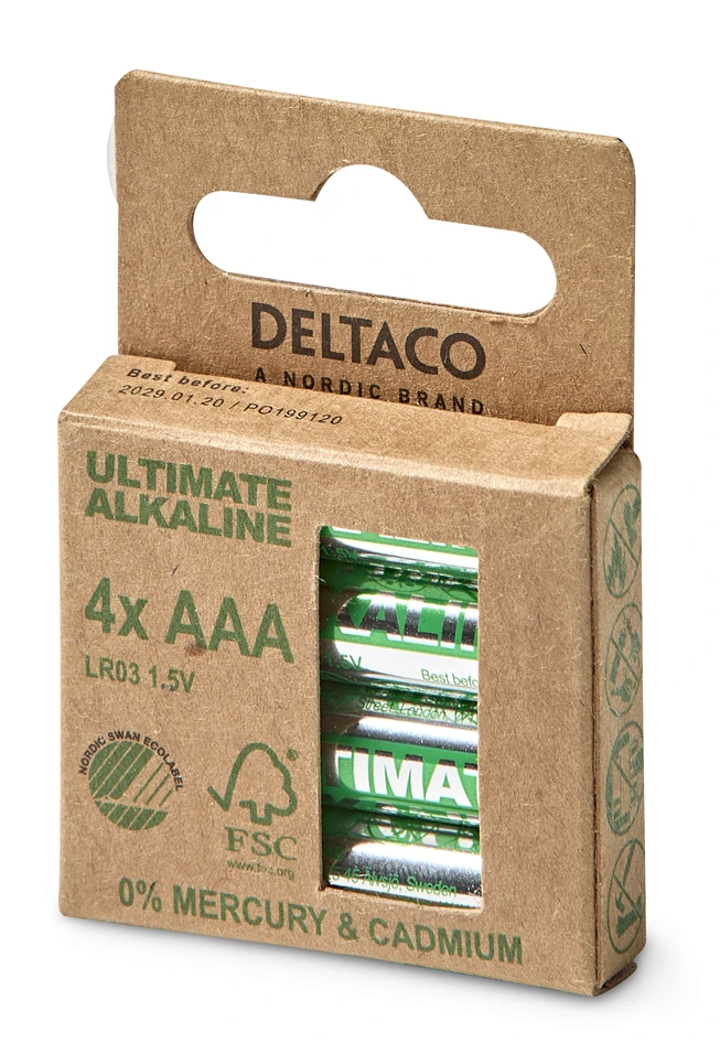 Deltaco Ultimate Alkaline - Batteri, AAA/LR03, 1,5V, 4-pack - Grå