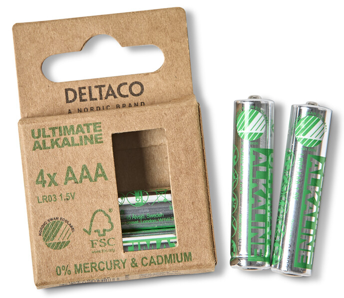 Deltaco Ultimate Alkaline - Batteri, AAA/LR03, 1,5V, 4-pack - Grå
